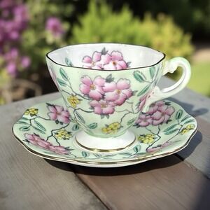 Vintage Foley Bone China Springdale Green Floral Tea Cup &‎ Saucer Set England